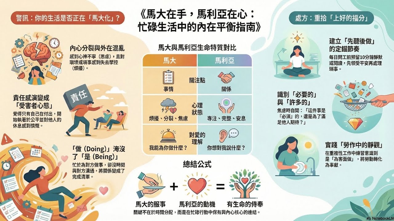 您生活馬大化嗎？「馬大」代表「心被事物困住」的危機，生命容易走向僵化與枯乾；而「馬利亞」代表「心靈柔軟」，選擇以親近神為生命的首要任務。判斷的關鍵不在於你是否在忙碌，而在於你的心是否在耶穌腳前