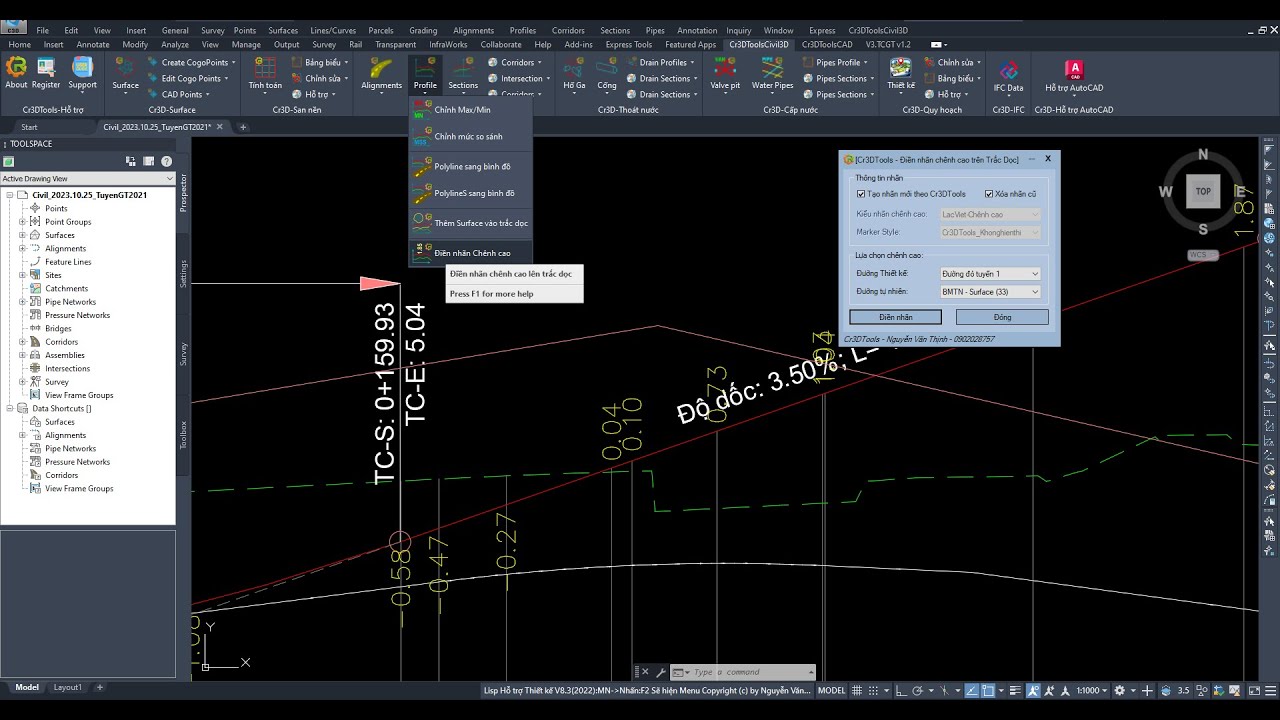 [Cr3DTools] Điền nhãn chênh cao trên trắc dọc trong Civil 3D