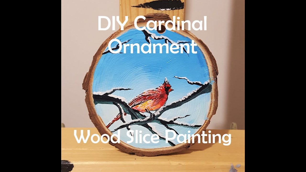 DIY Christmas Ornament - Cardinal in Snow - Acrylic Painting on Wood Slice