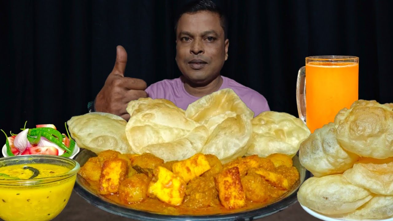 Asmr Eating Soft Luchi/Puri, Spicy Alu Paneer, Cholar Dal, Salad | Mukbang 