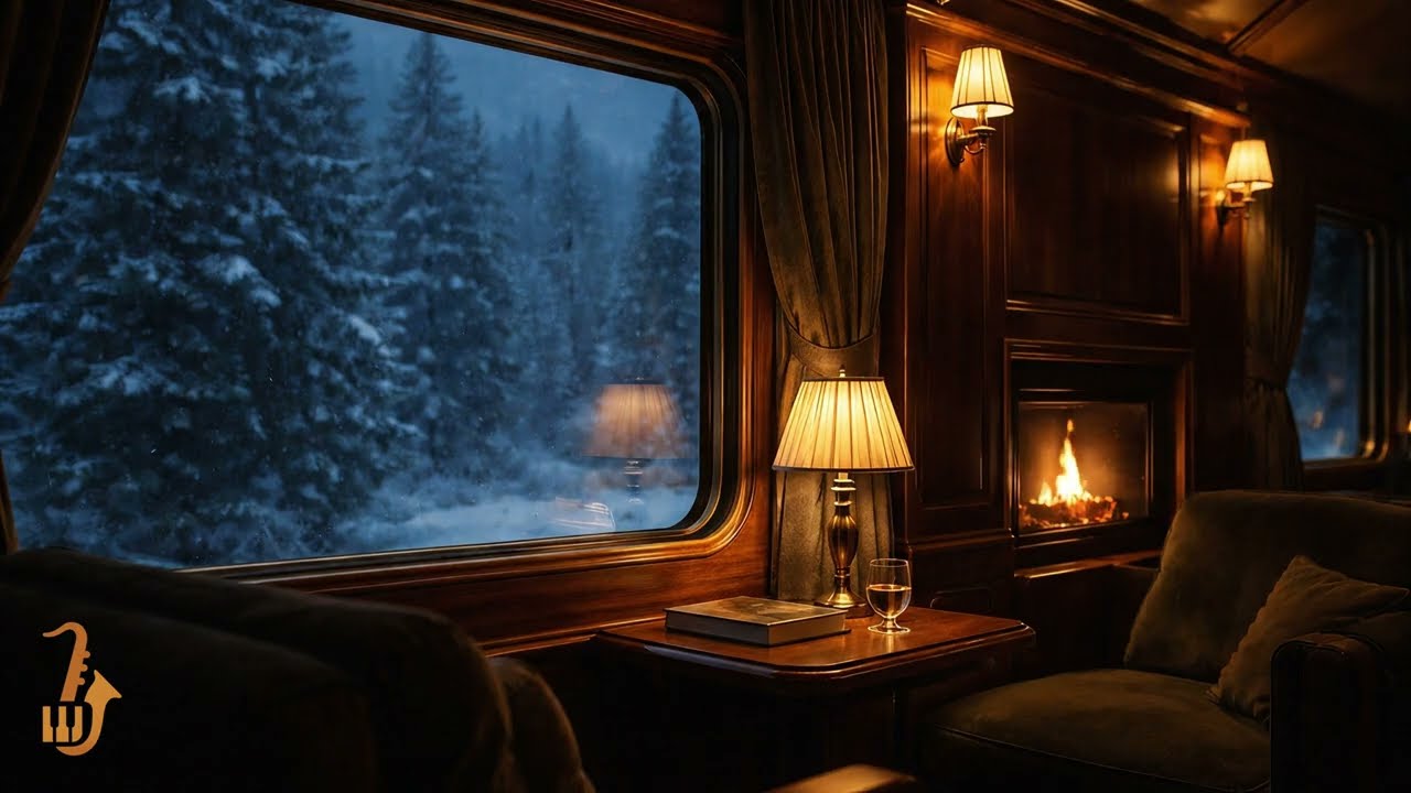 3 Hours Jazz & Cozy Fireplace l Train Ambience Jazz for Studying, Working and Relaxing
