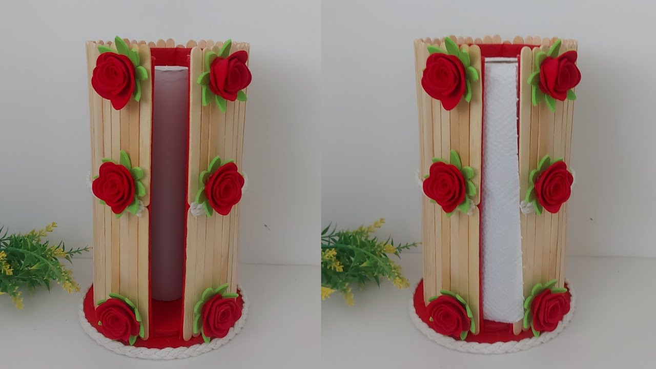Porta papel toalha com papelão e palitos de picolé | Faça você mesmo
