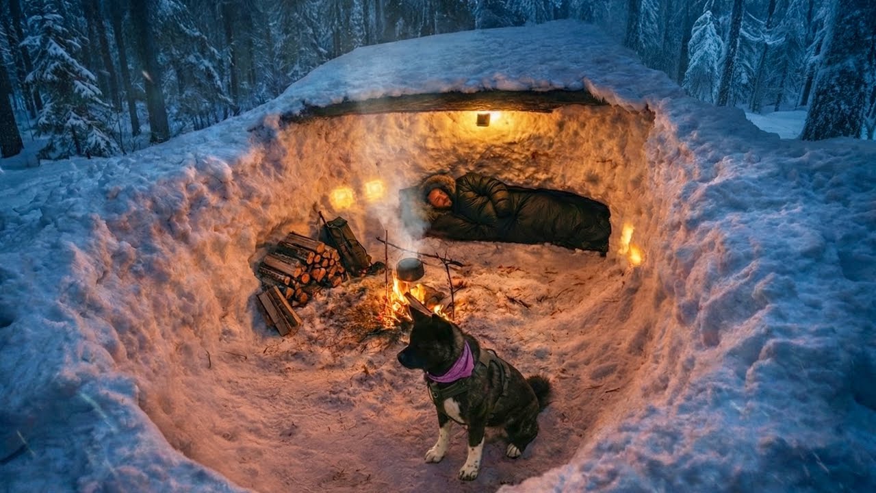 SURVIVAL in DEEP SNOW with MY DOG; Extreme WINTER Camping, Bushcraft - No Tent
