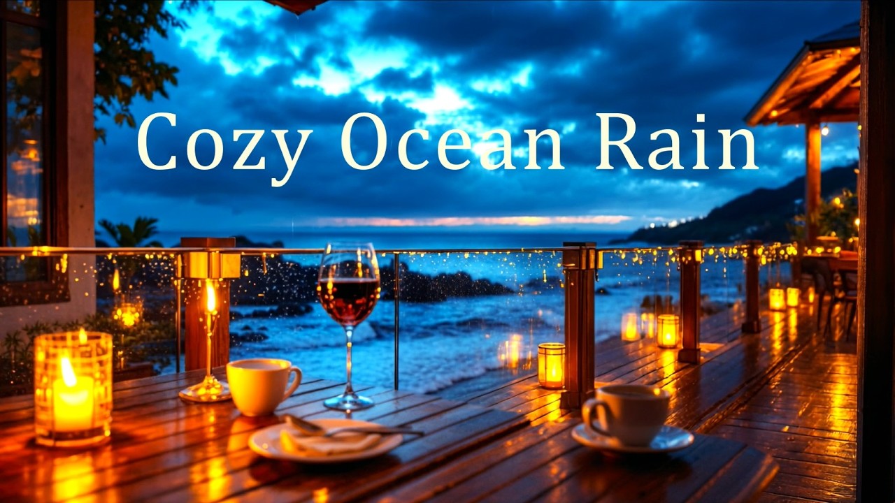 Rainy Ocean Terrace в Blue 🌧️ Hour Cozy Café и Wave Ambience