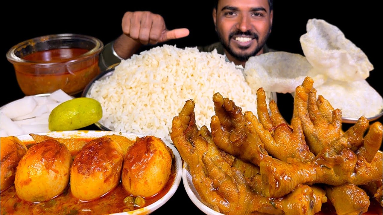 Eating Spicy Chicken Feet Curry with Egg Curry | Rice Papad & Extra Gravy Mukbang