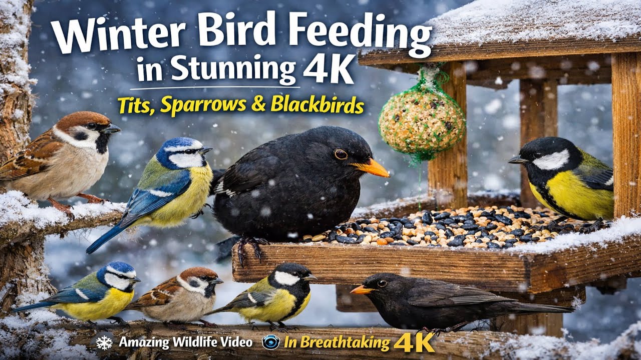 Winter Bird Feeding in Stunning 4K ❄️🐦 | Tits, Sparrows & Blackbirds