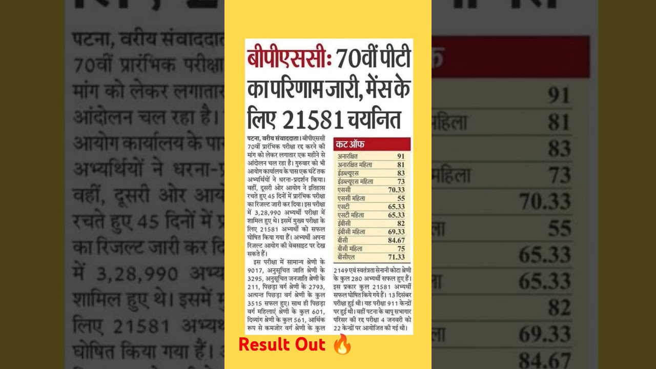Bpsc 70th PT Result Out #bpsc #bpsc70thprelimsquestion #bpscptcutoff