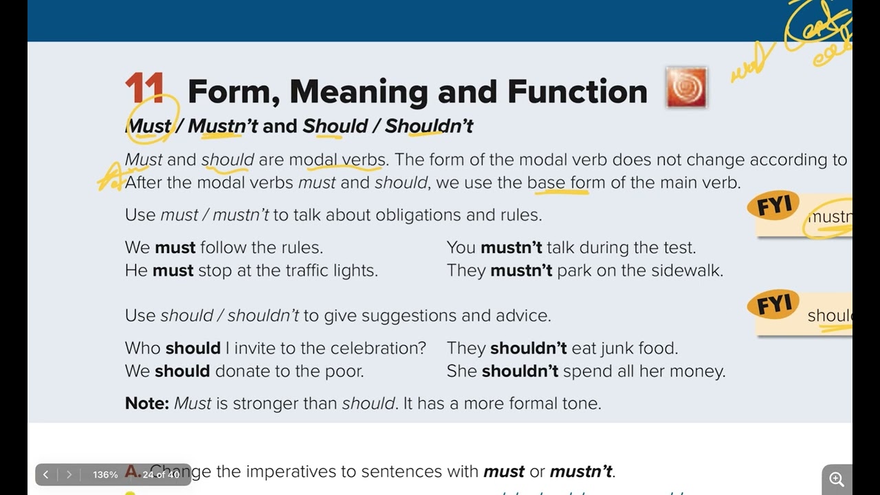 اولى متوسط قاعدة (Must/Mustn't and should/shouldn't) صفحة 131