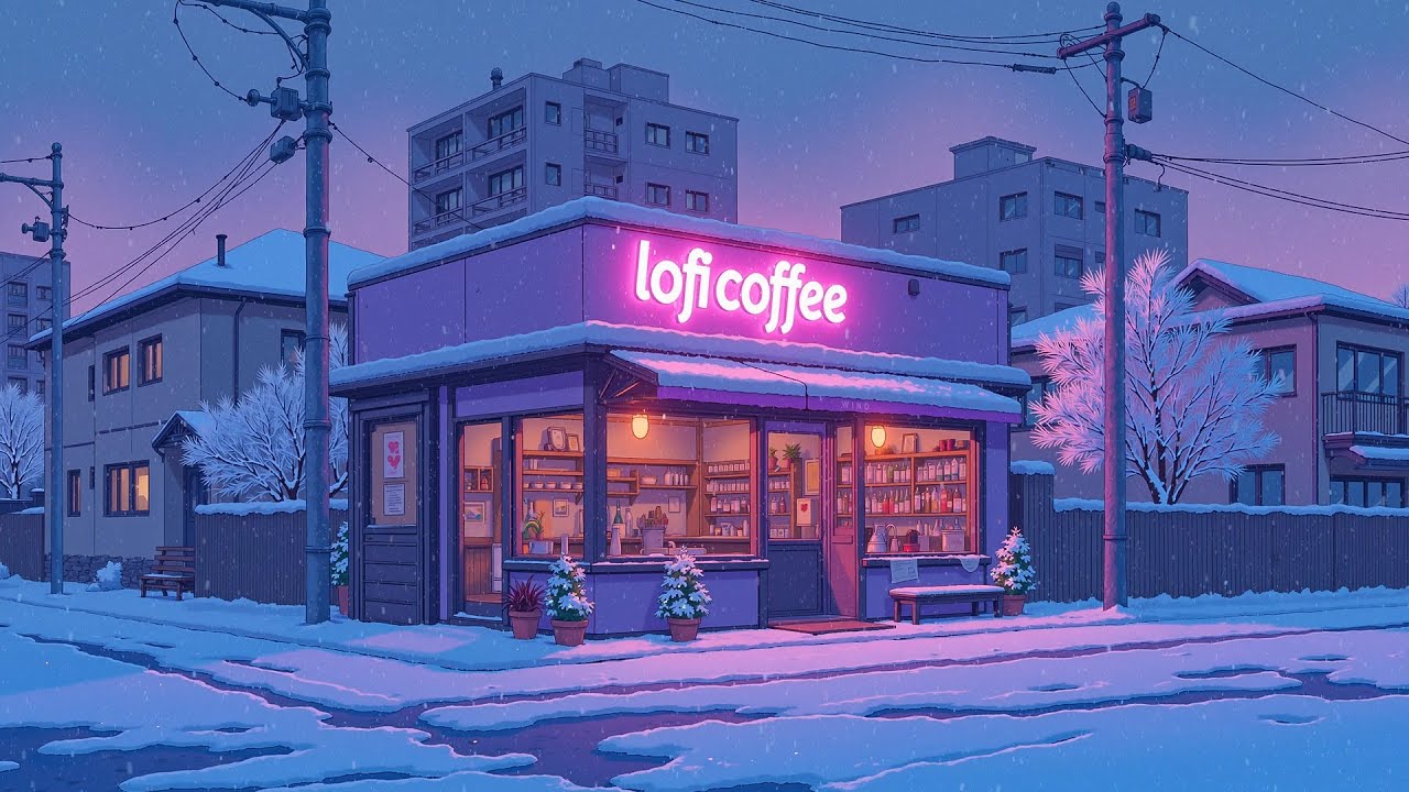 Cozy Lofi Coffee on a Snowy Street 👒 Peaceful Winter Night Ambience for Study, Calm & Deep Sleep.