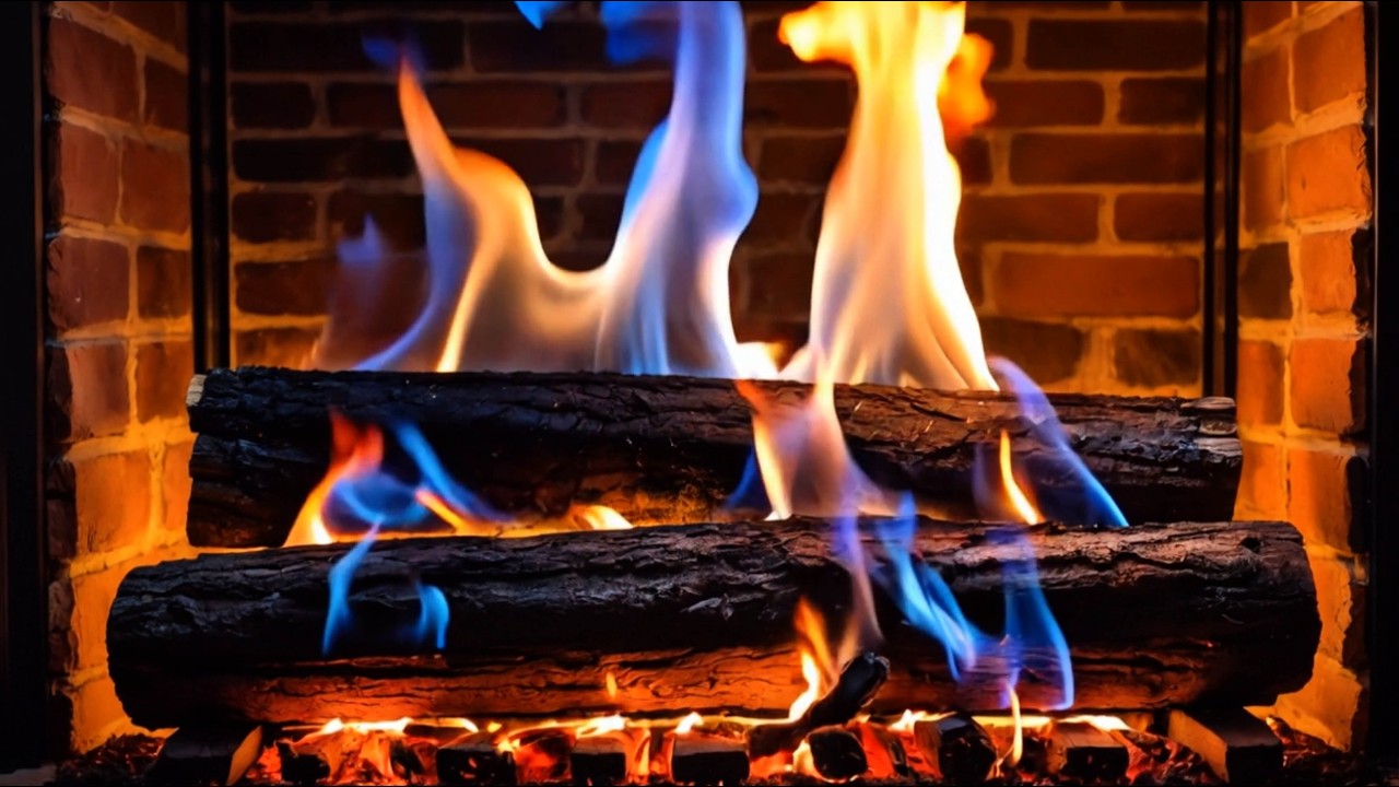 ❄️ Fireplace With Dancing Color-Changing Blue-Orange Flames Against A Classic Brick Wall Background