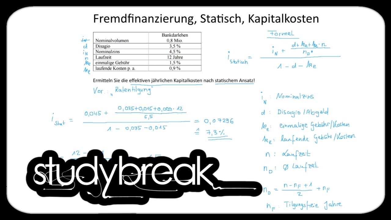 Fremdfinanzierung, Ratentilgung, Kapitalkosten | Investition und Finanzierung