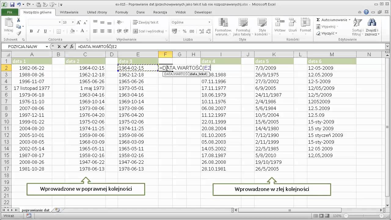 excel-015 - Poprawianie dat (przechowywanych jako tekst lub nie rozpoznawanych)