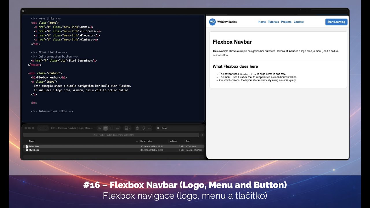 #16 – Flexbox Navbar (Logo, Menu and Button) - Flexbox navigace (logo, menu a tlačítko)