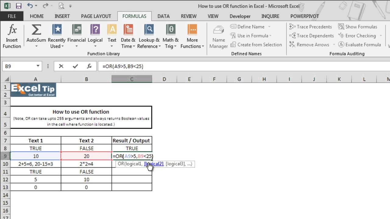 How to use OR function in Excel