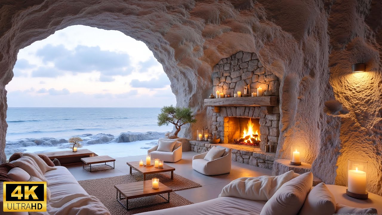 Peaceful Winter Ocean Ambience ❄ Soft Piano Music with Warm Fireplace & Ocean Waves for Calm & Focus