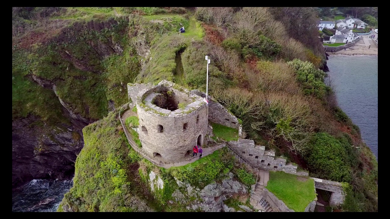 An aerial tour of Readymoney Cove and St Catherine's Castle, Fowey, Cornwall