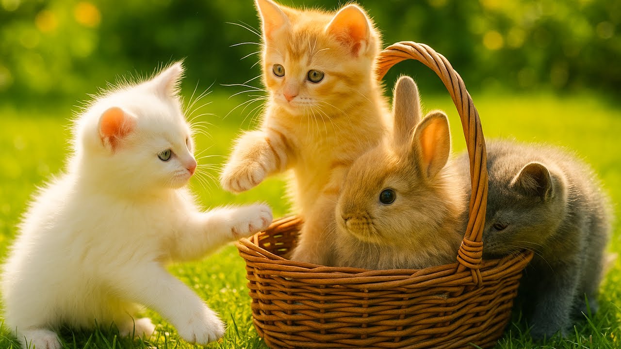 Happy Kitten and Rabbit Playing in the Sun - Cat Meowing