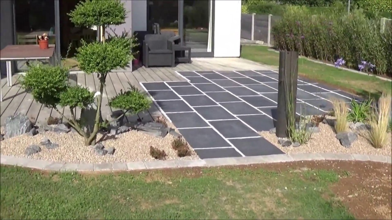 aménagement jardin, terrasse, pavé, béton imprimé, massif