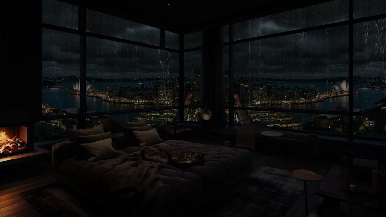 Rainy City Night in a Luxury Apartment 🌧🔥 Rain and Fireplace Sounds for Deep Sleep
