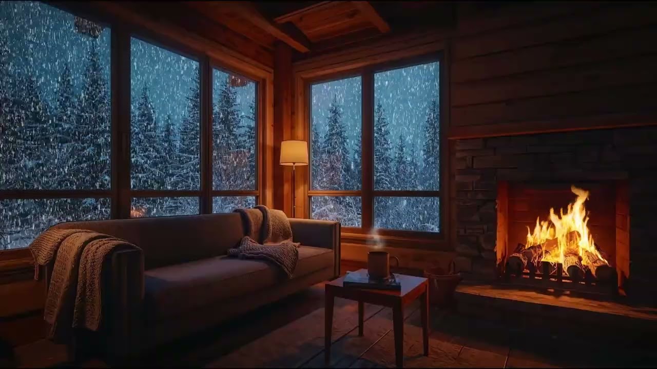 Cozy Winter Cabin Living Room | Snowy Forest Night & Fireplace Ambience