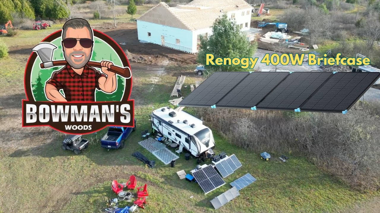 Solar panels I use to live in a trailer next to Off-Grid House build.  Renogy 400W Solar Briefcase