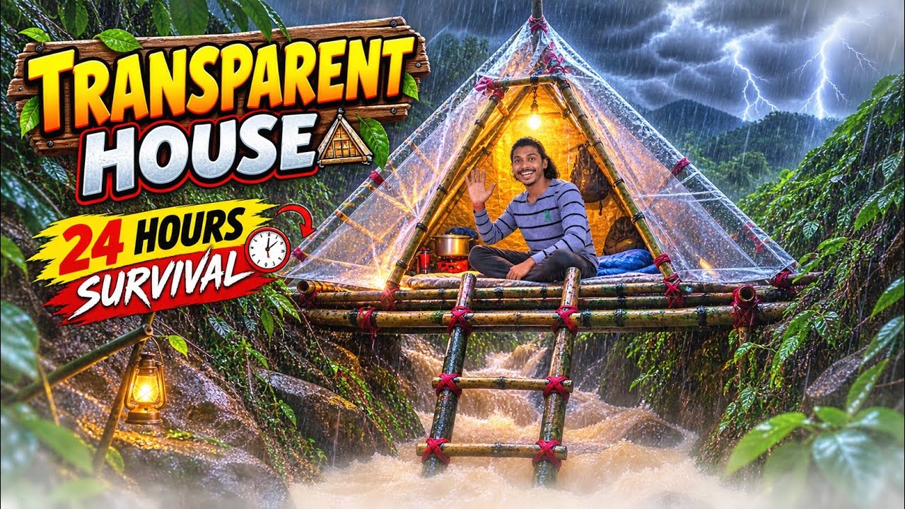  भयंकर बारिश में Transparent House के अंदर 24 Hours Survival 🌧️ | Danger ⚠️Forest Survival Challenge