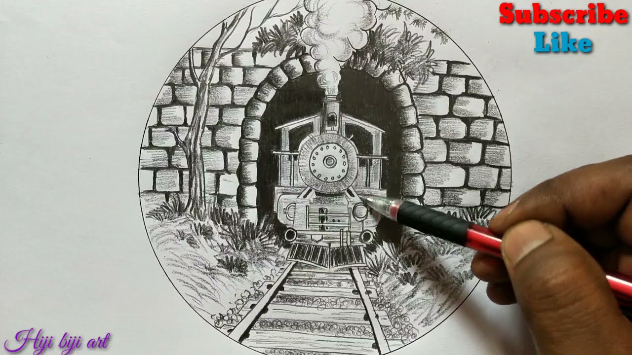 How to draw Train track and tunnel scenery for beginners/Train track and tunnel scenery drawing
