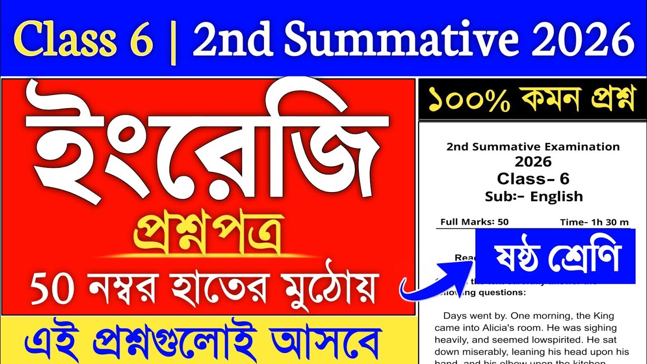 Class 6 English 2nd Unit Test 2026 | class 6 2nd summative english question paper 2026 | class 6