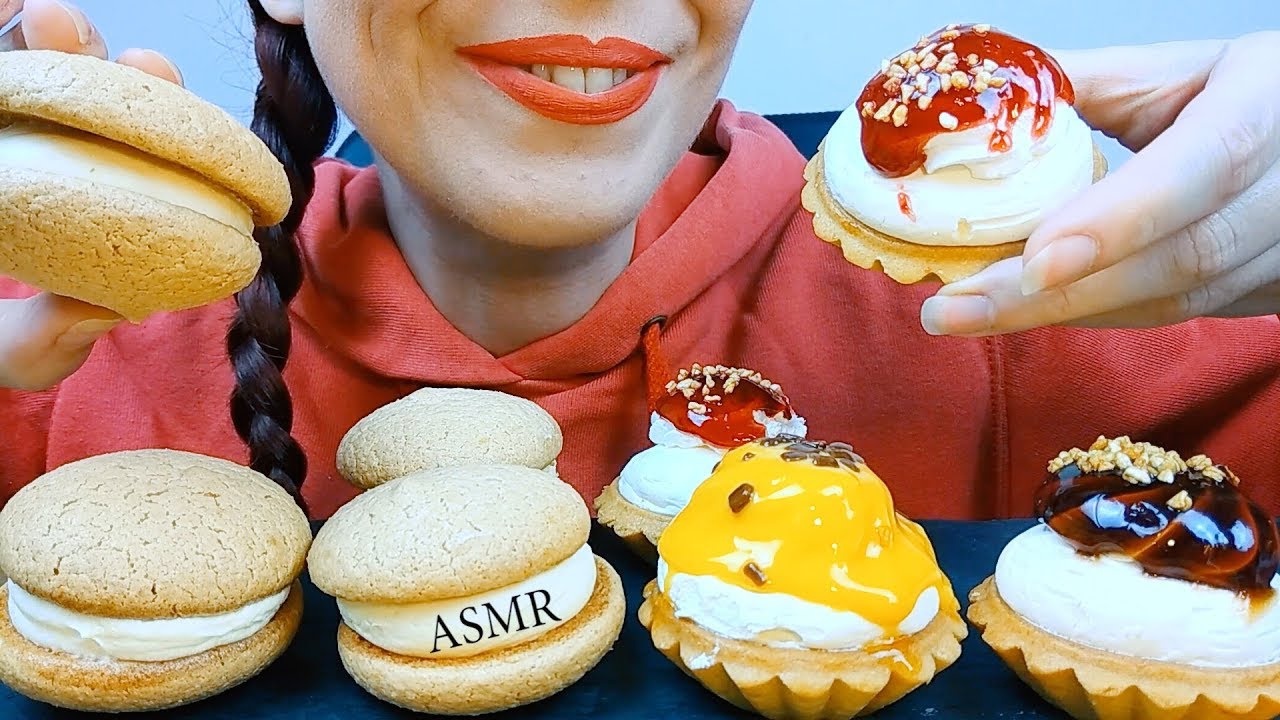 ASMR Dessert: Assorted Creamy Tarts(Caramel, Strawberry, Butter Milk) & Macarons | Whispering