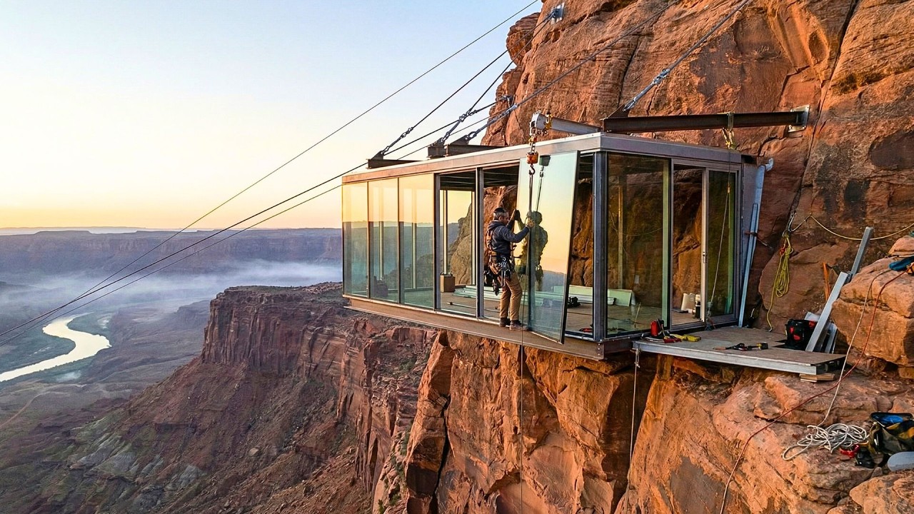 No one dares to climb here! Building a suspended modern glass cabin on a 1000ft cliff (ASMR)