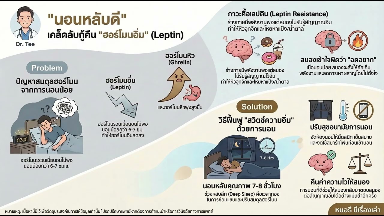 สมดุลฮอร์โมนเลปติน (ฮอร์โมนอิ่ม) ฟื้นฟูได้ด้วยการนอนหลับที่มีคุณภาพ