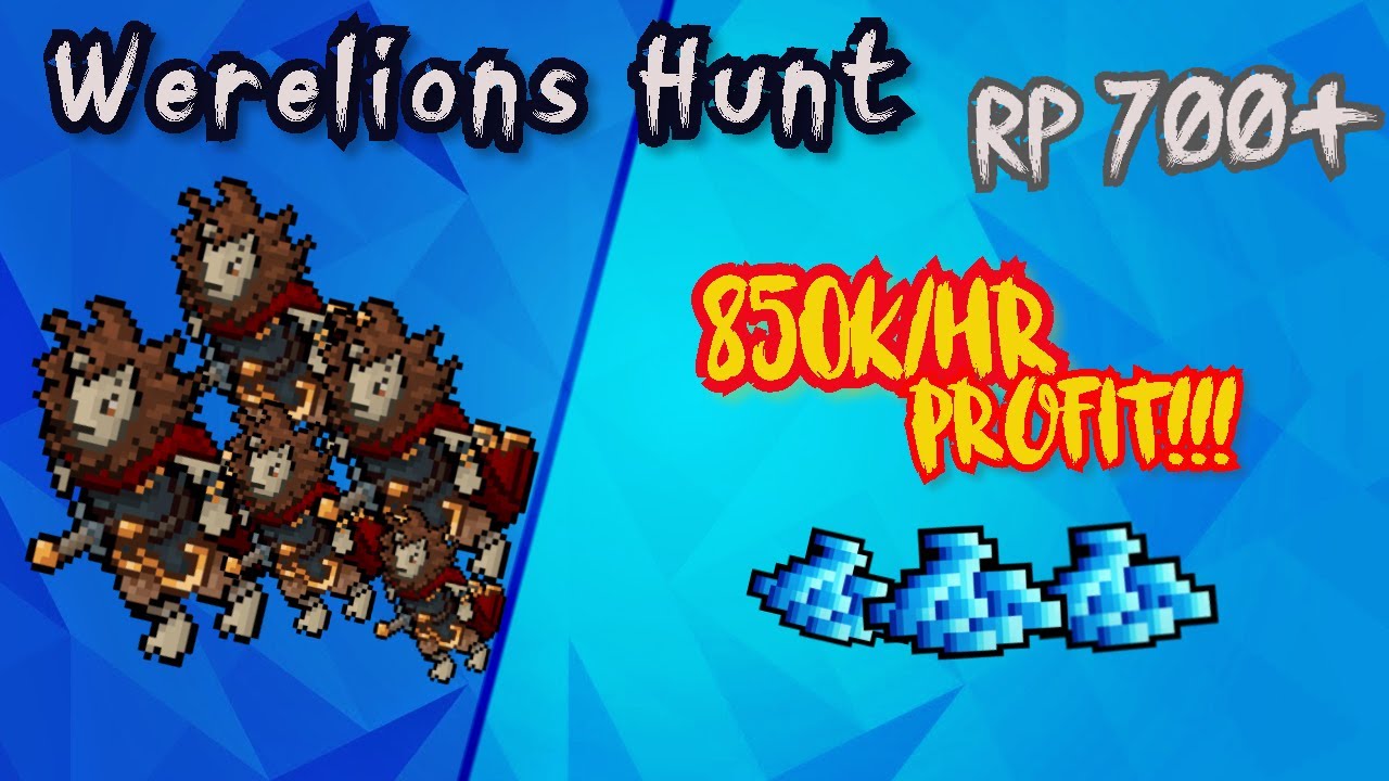 WERELIONS HUNT RP 700+ 850K/HR PROFIT 3KK EXP/HR 100% - Tibia