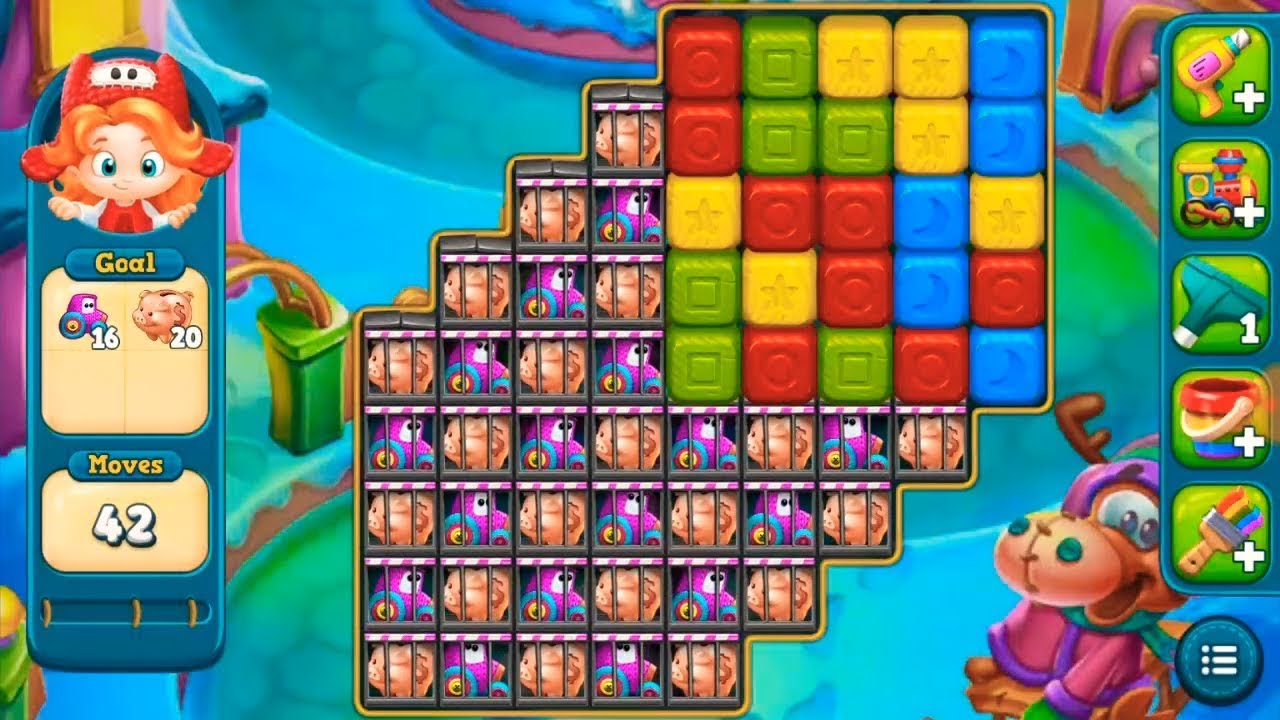 Toy blast level 577 obstacles: 16 caged purple cars and 20 caged pink pigs