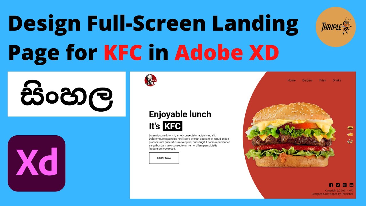 UI Designing with Adobe XD - Design Full Screen Landing Page for KFC - Sinhala