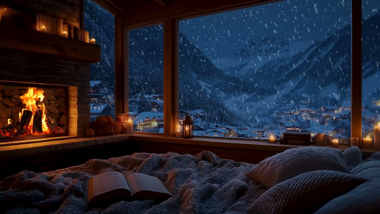 ❄️ Winter Comfort Night | Snowfall & Crackling Fireplace for Restful Sleep