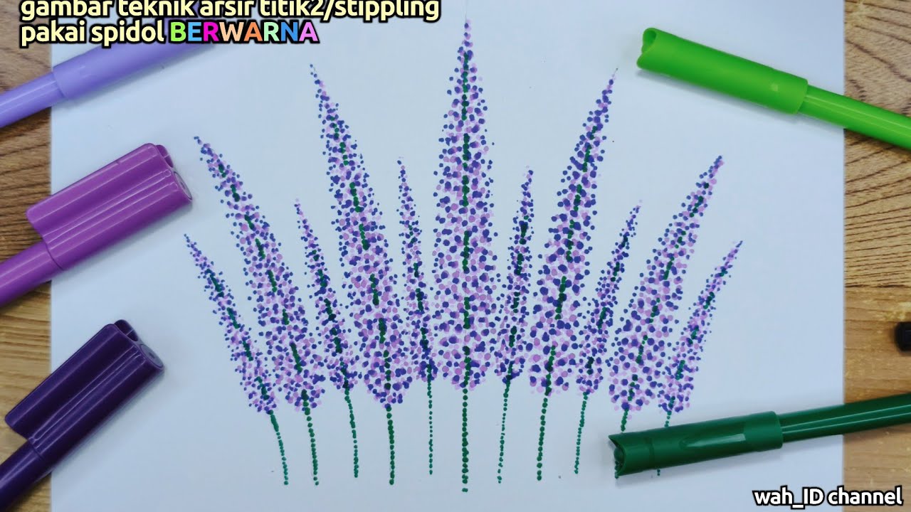 Gambar bunga LAVENDER | teknik ARSIR TITIK2 menggunakan SPIDOL WARNA | stippling drawing tutorial