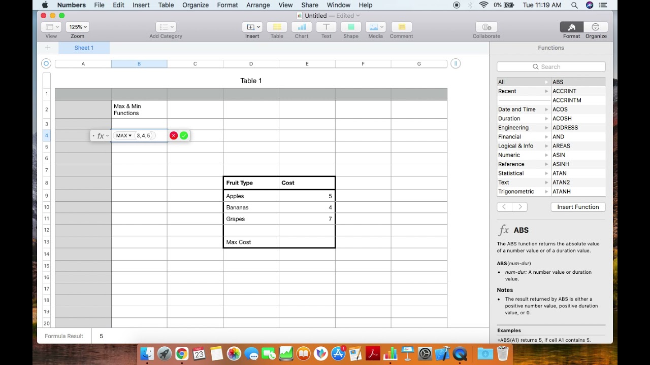 Max and Min Functions in Numbers for Mac