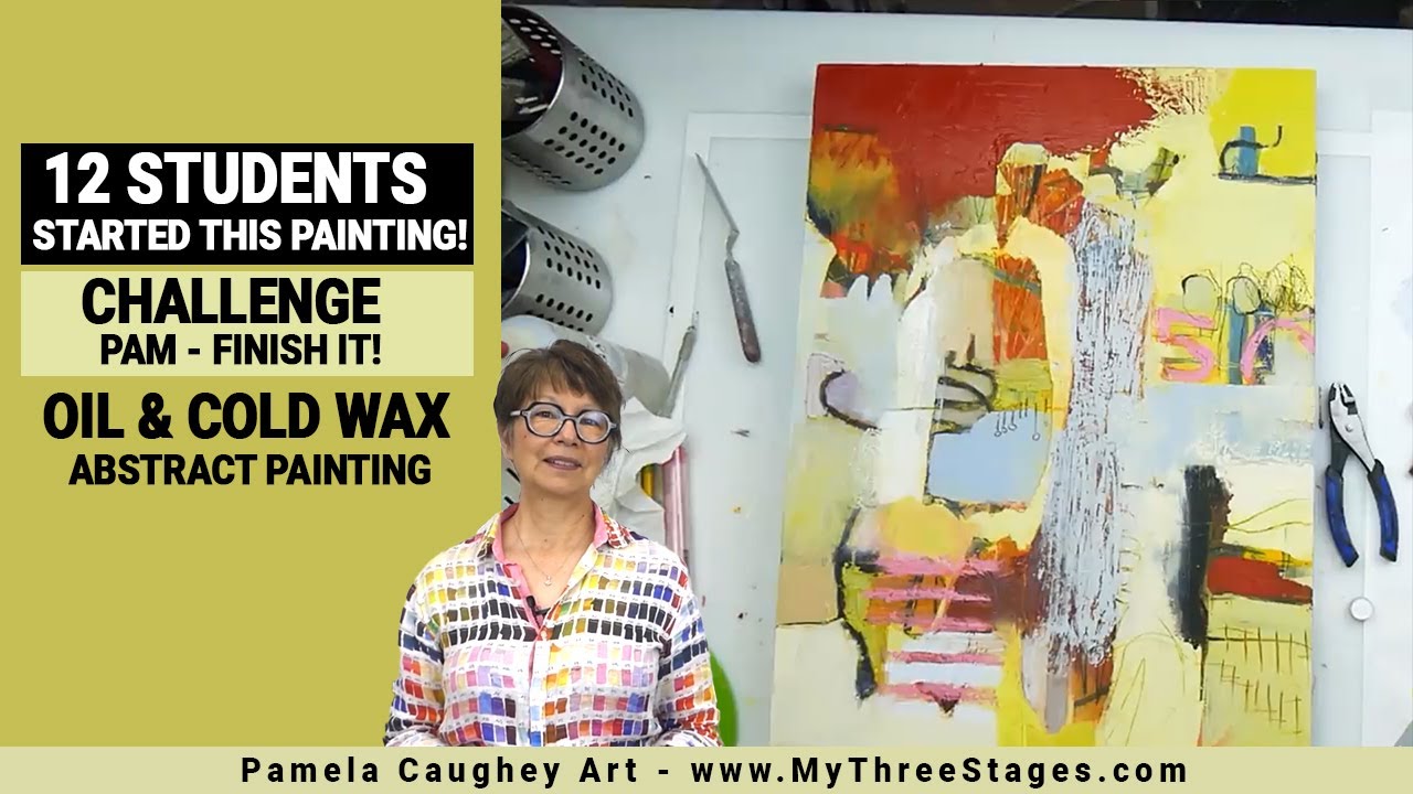 092 - Pamela Caughey Oil/Cold Wax Painting - 12 Students Start It - Pam Must Finish! AMPERSAND panel