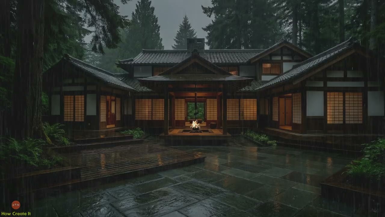 Quiet Rainy Night, Fireplace and Soft Thunder for Zen Relief in a Japanese Mountain Refuge Forest
