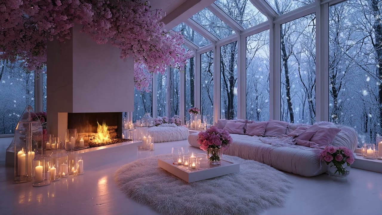 Quiet Lounge Piano | Fireplace & Winter Snowfall for 3 Hours | Relax Study Meditate