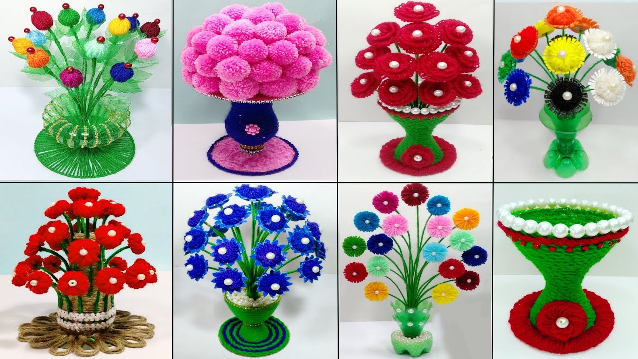 7 FLOWER VASE & GULDASTA CRAFT IDEAS WITH PLASTIC BOTTEL & WOOLEN FLOWER /DIY BOUQUET CRAFT