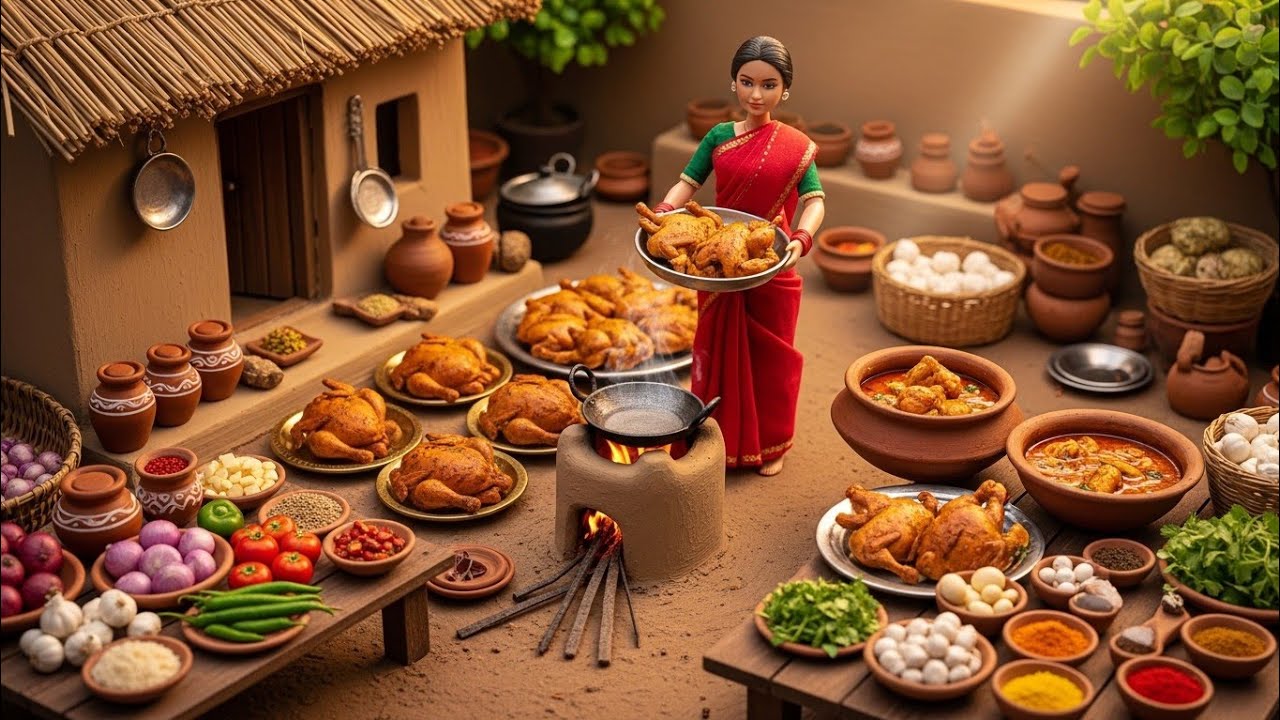 🍗 Tiny Village Chicken Cooking! 👩‍🍳 Doll Wife Making Giant Chicken Feast in Miniature Kitchen 🔥 ASMR