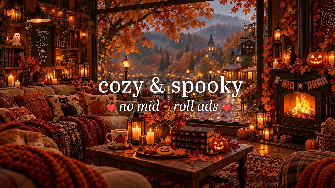 (NO MID-ROLL ADS) Cozy Rainy & Spooky Halloween 🍂 Fall Jazz, Pumpkin-Kissed Streets & Fireplace Glow