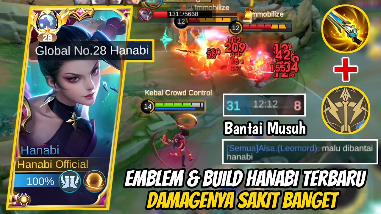 TOP GLOBAL HANABI BANTAI MUSUH PAKAI EMBLEM & BUILD TERBARU - DAMAGENYA SAKIT BANGET! MLBB