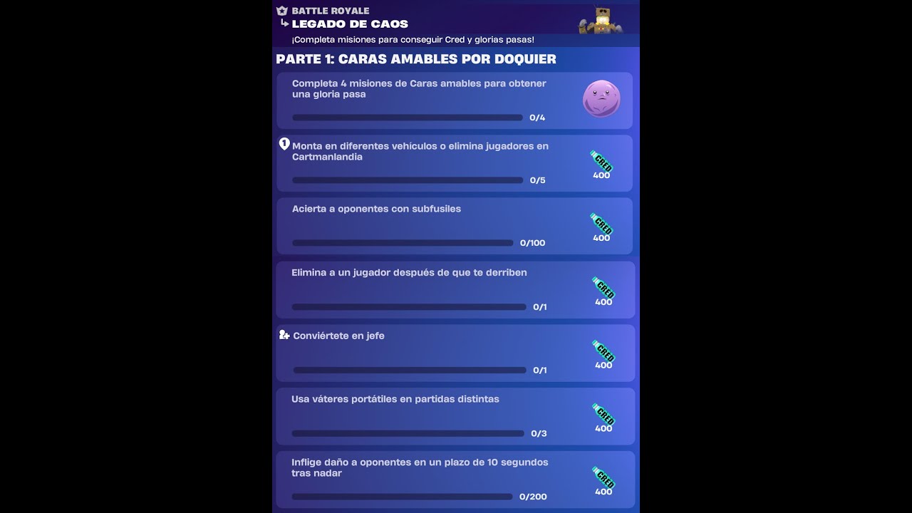 Parte 1 de las misiones de Legado del Caos: Caras Amables por Doquier de Fortnite Capítulo 7, T1
