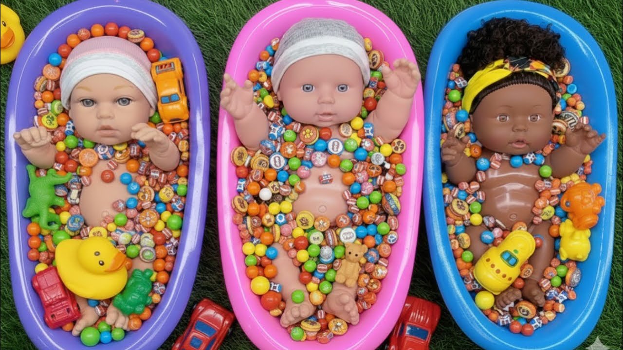 Full of 3 Rainbow Bath Tubs Candy with M&M's & Magic Slime Cutting Video