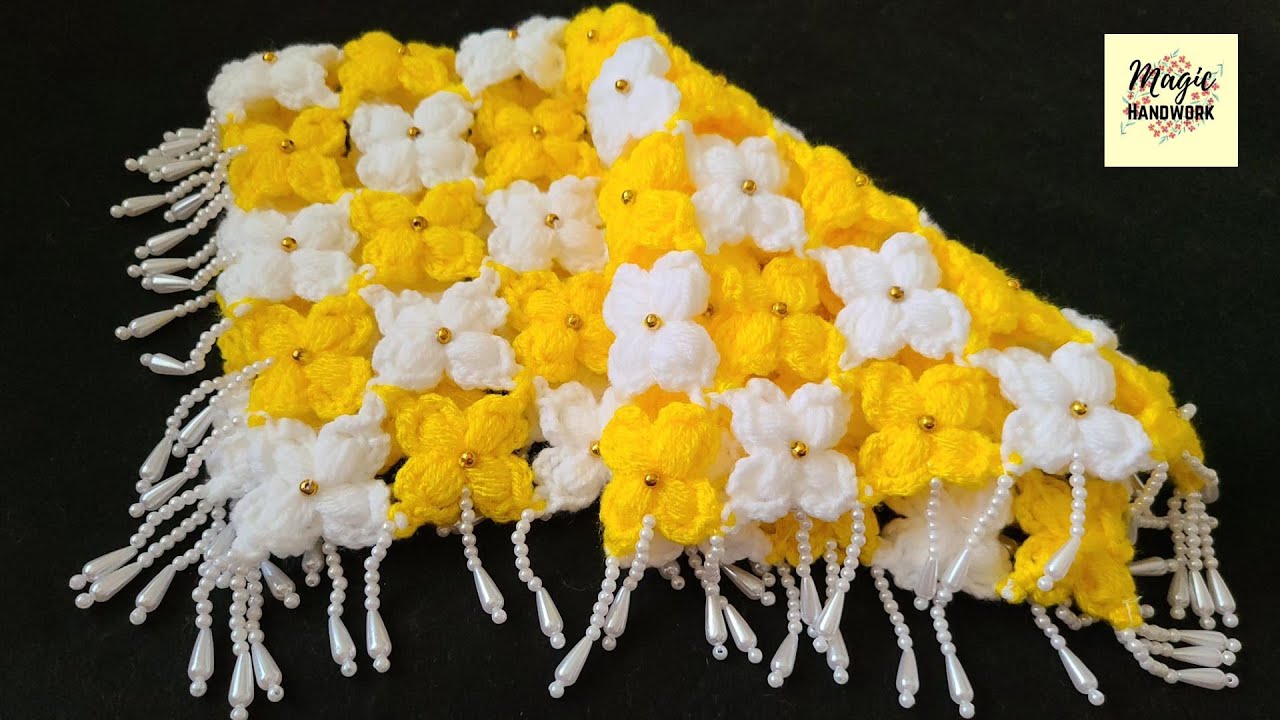 🌼फूल और मोती वाला ऊन का थालपोश, लोकारीचा रूमाल, Flower Tikki Thali cover, Crochet Woolen Table cover