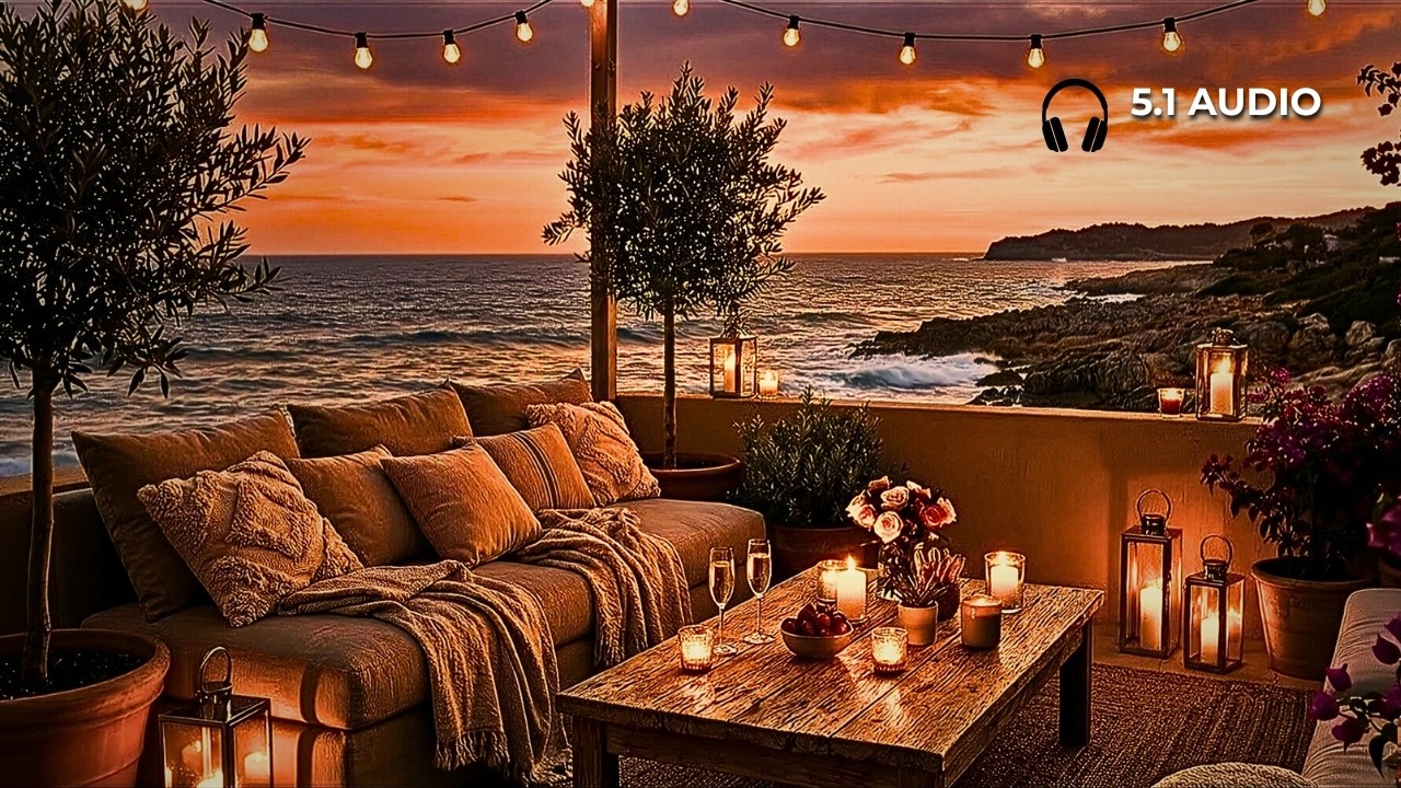 Cozy Seaside Terrace at Sunset ✨ Deep Relaxing Ocean Sounds & Music