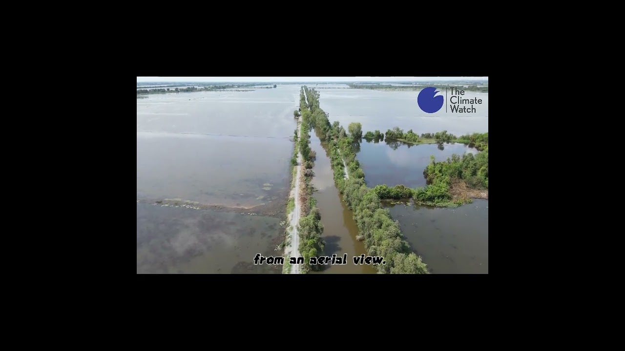 A flood-surrounded road reveals disrupted connectivity from above.