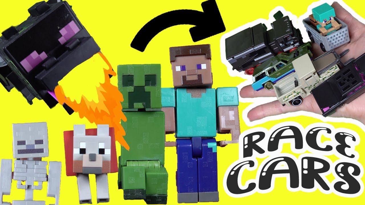 Minecraft Movie Hot Wheels Racetrack Build with Steve, Dennis, Mobs